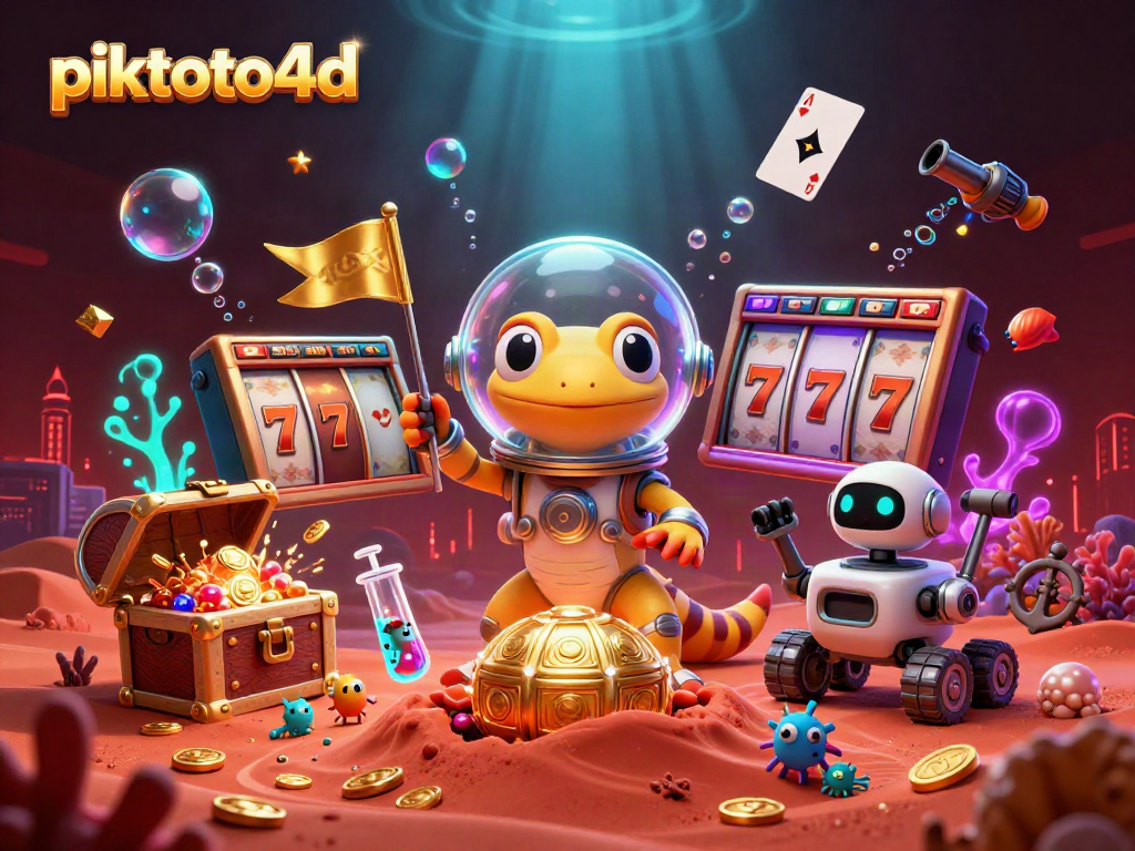 Experience thrilling piktoto4d action as a Martian gecko uncovers a golden casino amid vibrant casino elements.