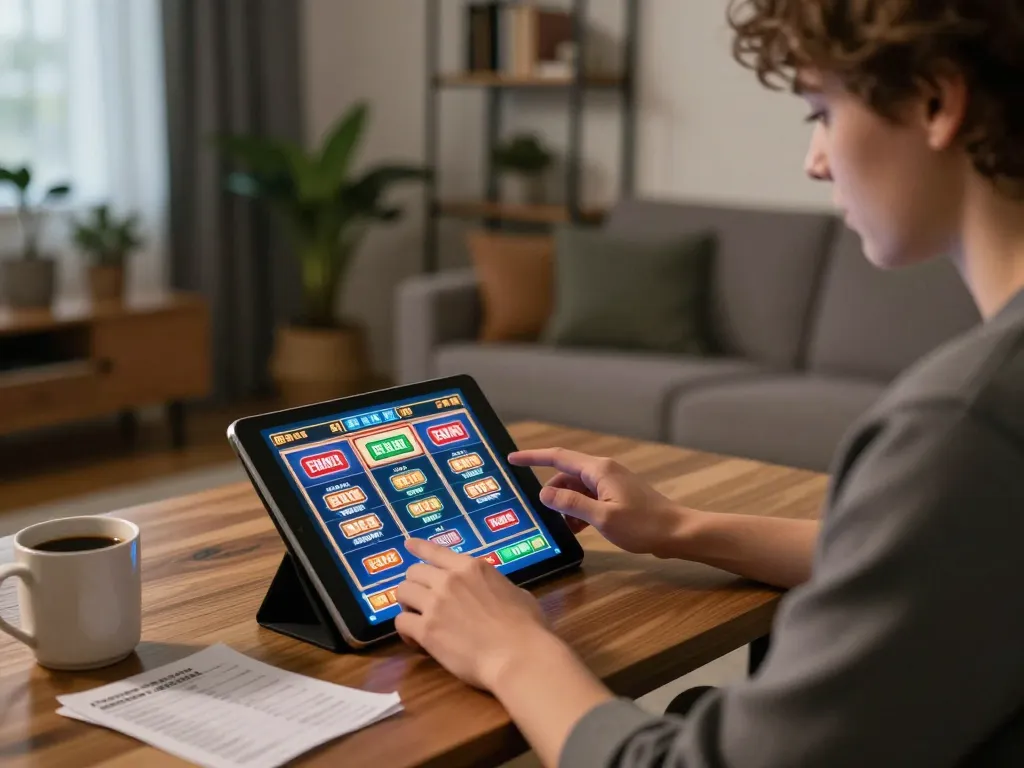 PULSASLOT player enjoying online slots in a cozy living room with strategic betting notes