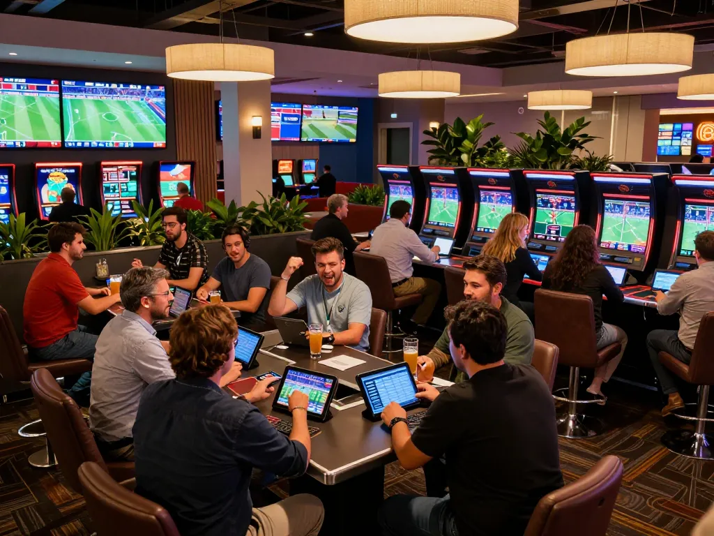 Betters strategizing and placing bets at LGOGOAL sports betting lounge with vibrant screens and excitement