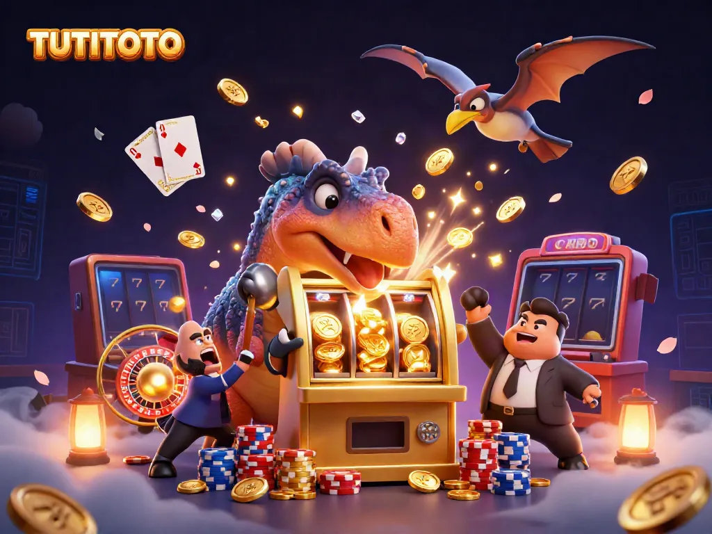TUTITOTO showcases a cartoon pachycephalosaurus winning coins from a slot machine in a dynamic casino scene.