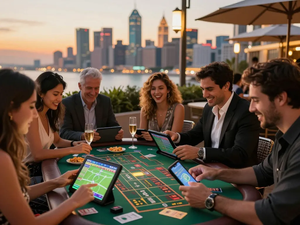 Watch friends enjoy thrilling betting at O8 casino's outdoor terrace with skyline view