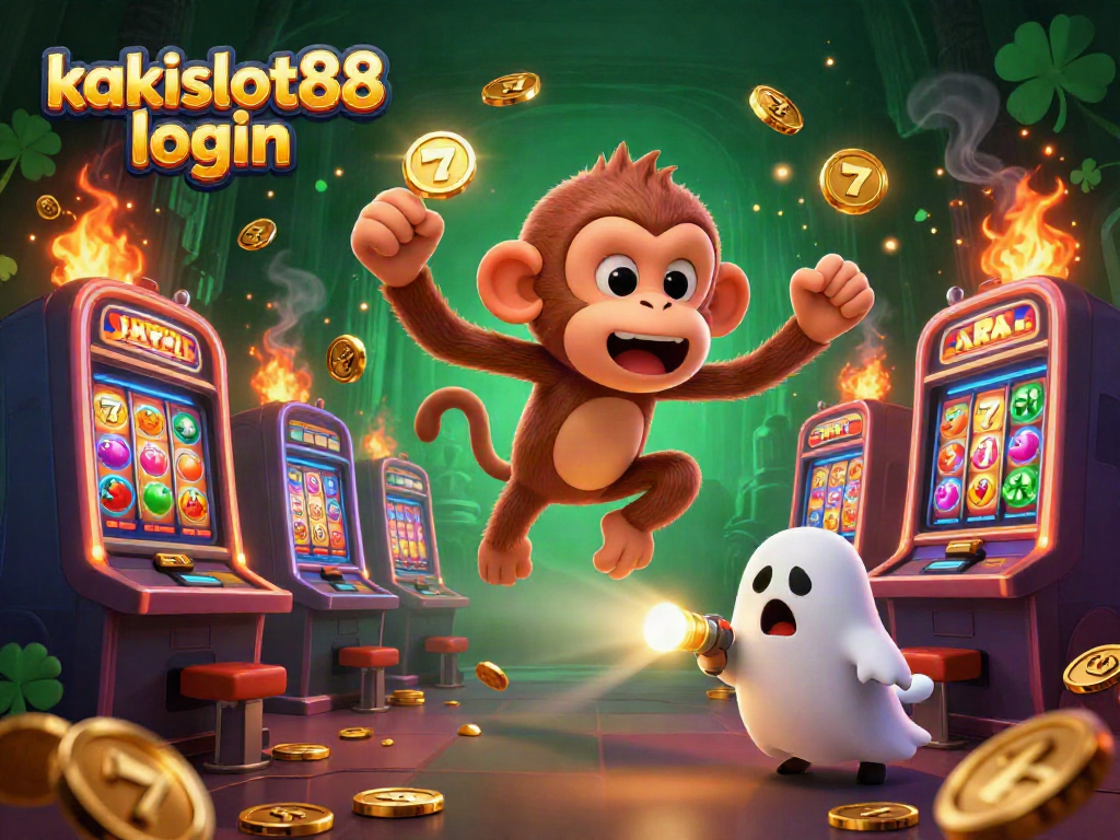 Ilustrasi 3D menampilkan kakislot88 login dengan karakter monyet poltergeist dan anjing pemburu hantu di kasino slot.