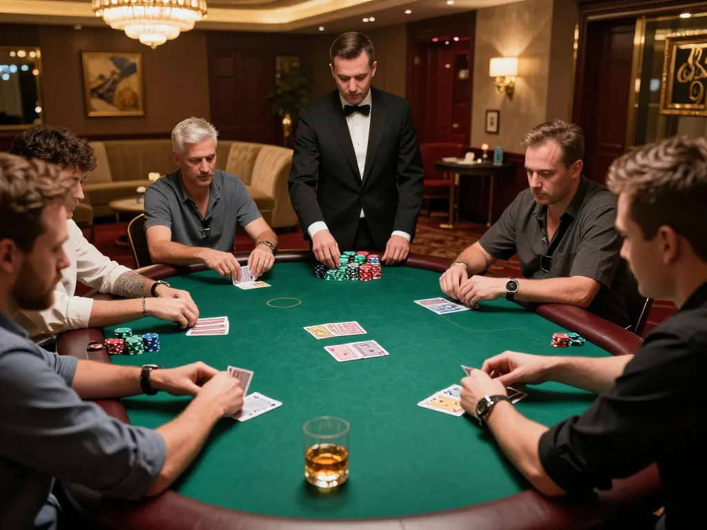 IDNSCORE players engaging in competitive poker strategy at an upscale gaming table.