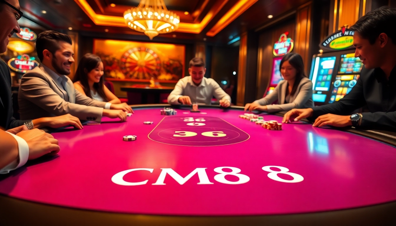 Players enjoying the CM88 poker table at a luxurious casino, showcasing excitement and high stakes.