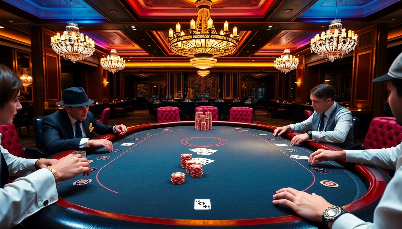 Players enjoying poker online at a luxurious casino table filled with vibrant chips and cards.
