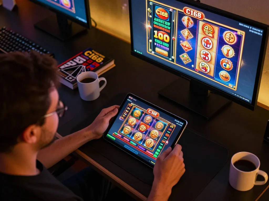 C168 user engaging with online slots on tablet, showcasing vibrant gaming experience