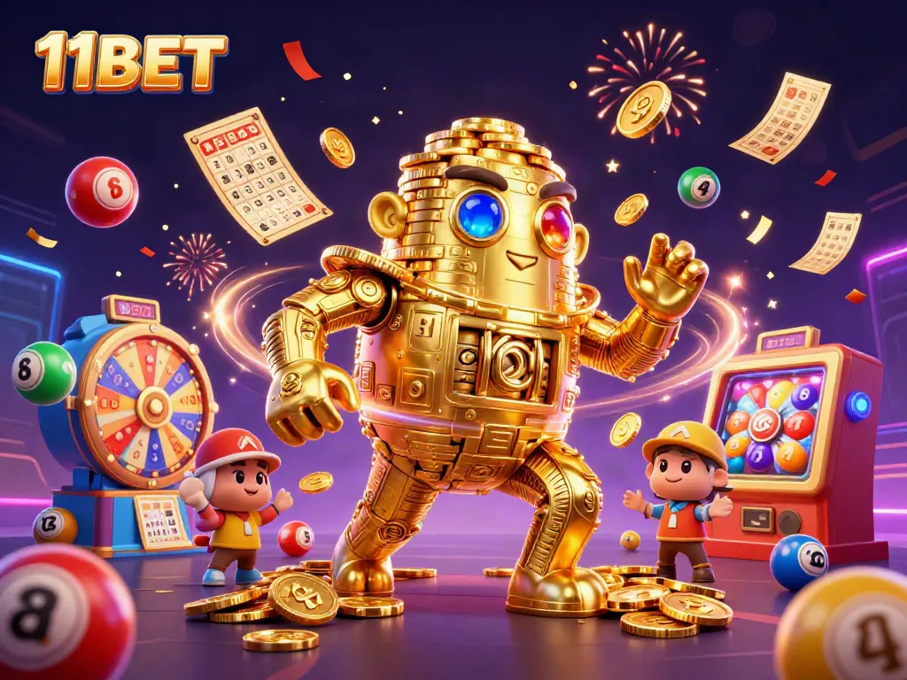Engage with vibrant casino action featuring 11BET's animated golden golem and gameplay elements.