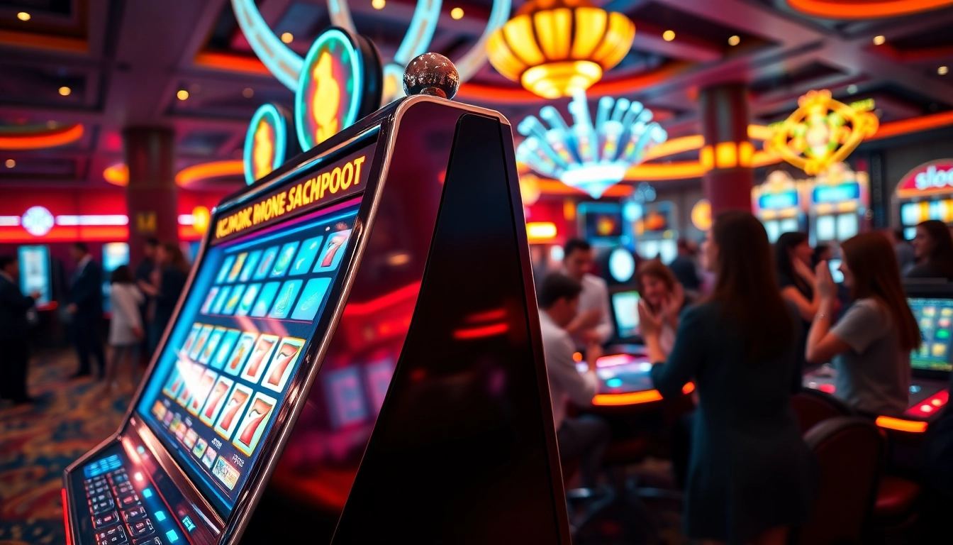 Mainkan slot mesin di kasino, dikelilingi suasana meriah dan cahaya berkilauan.