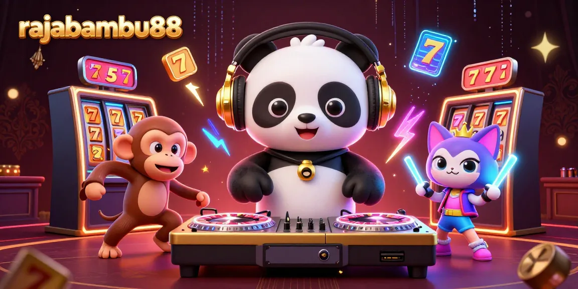 Gambarkan keseruan rajabambu88 dengan DJ panda dan karakter penuh aksi di kasino.