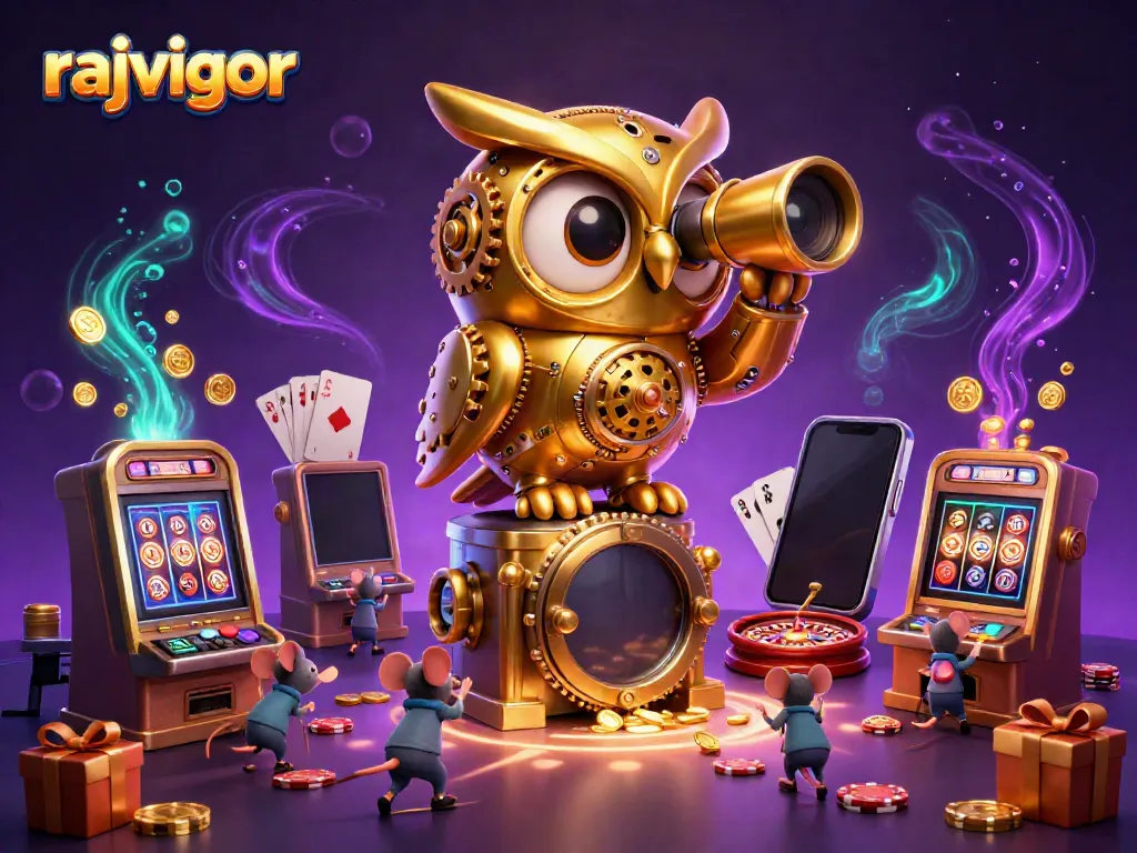 rajavigor showcases an energetic casino scene with a clockwork owl and playful mice.
