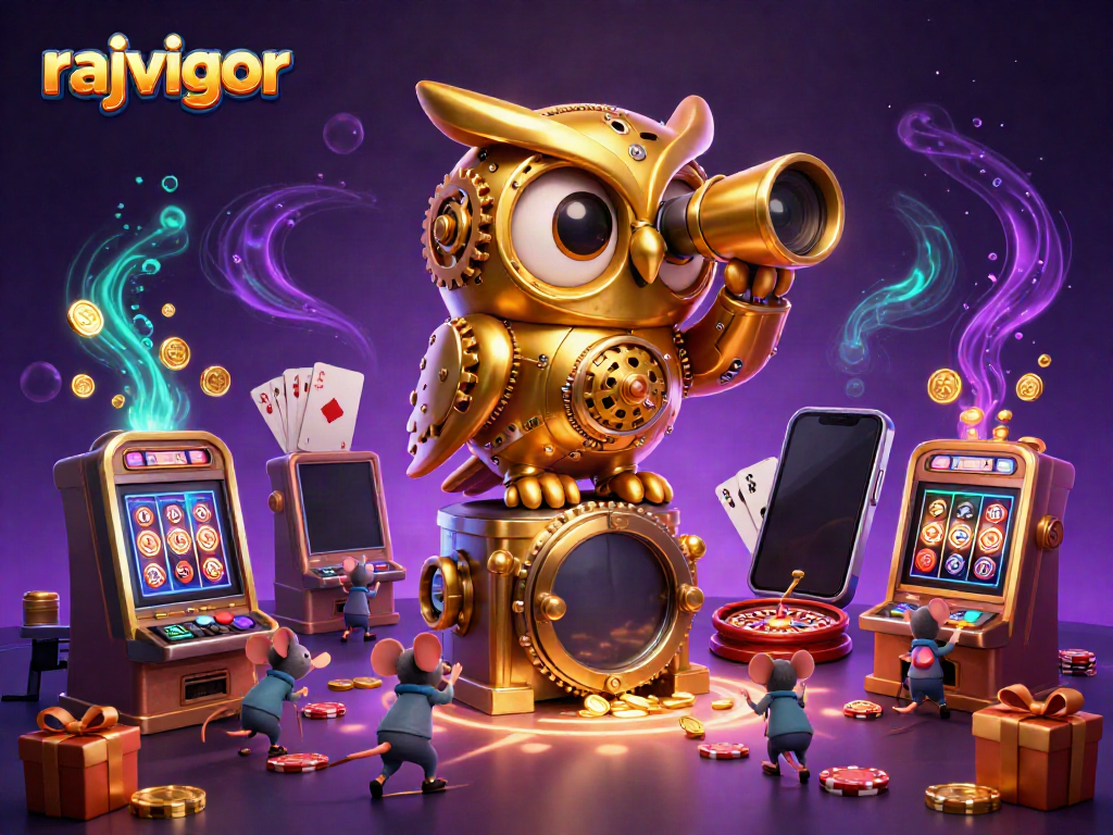 rajavigor showcases an energetic casino scene with a clockwork owl and playful mice.