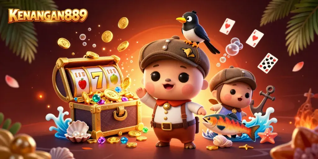 Experience KENANGAN889's exciting casino slots with cartoon characters, gold coins, and vibrant gameplay elements.