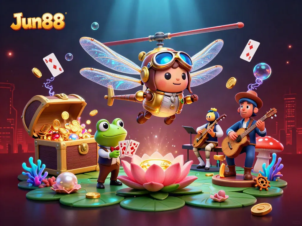 Experience thrilling gaming at Jun88 with a cartoon dragonfly pilot, frog dealer, and vibrant casino scene.