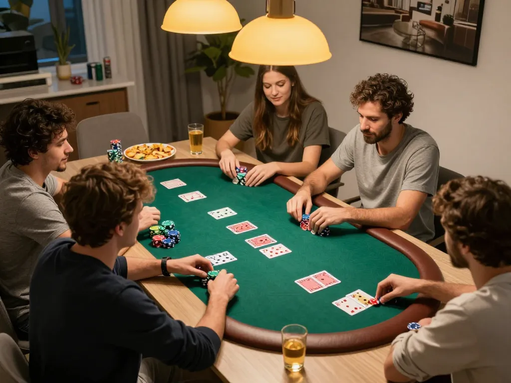 Xibet players enjoying an engaging poker game night with vibrant chips and cards.