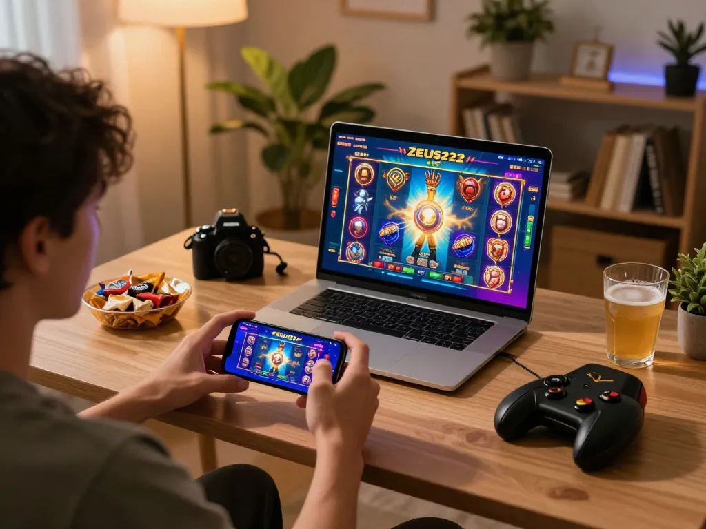 Player engaging with ZEUS222 mobile app during an online gaming session at home