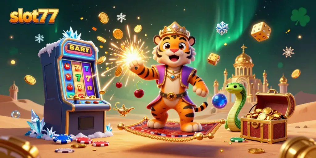 Menangkan jackpot di slot77 dengan ilustrasi bergaya kartun penuh warna yang menampilkan karakter sultan dan mesin slot yang meledak dengan koin.