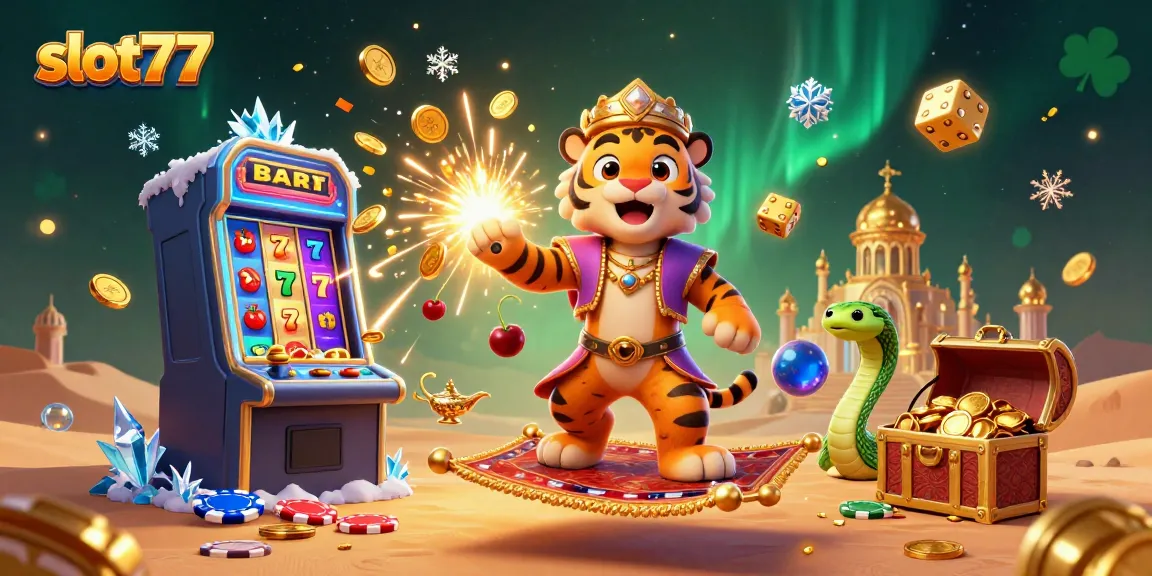 Menangkan jackpot di slot77 dengan ilustrasi bergaya kartun penuh warna yang menampilkan karakter sultan dan mesin slot yang meledak dengan koin.