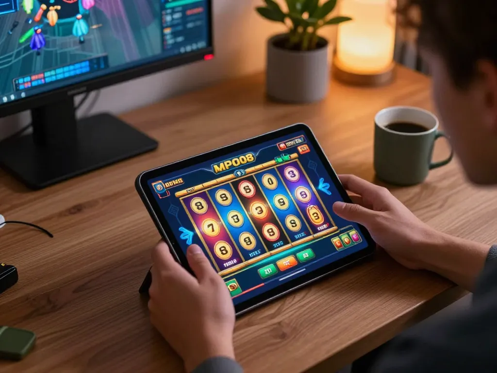 MPO08 gaming experience on tablet with exciting slot visuals in a stylish home setting