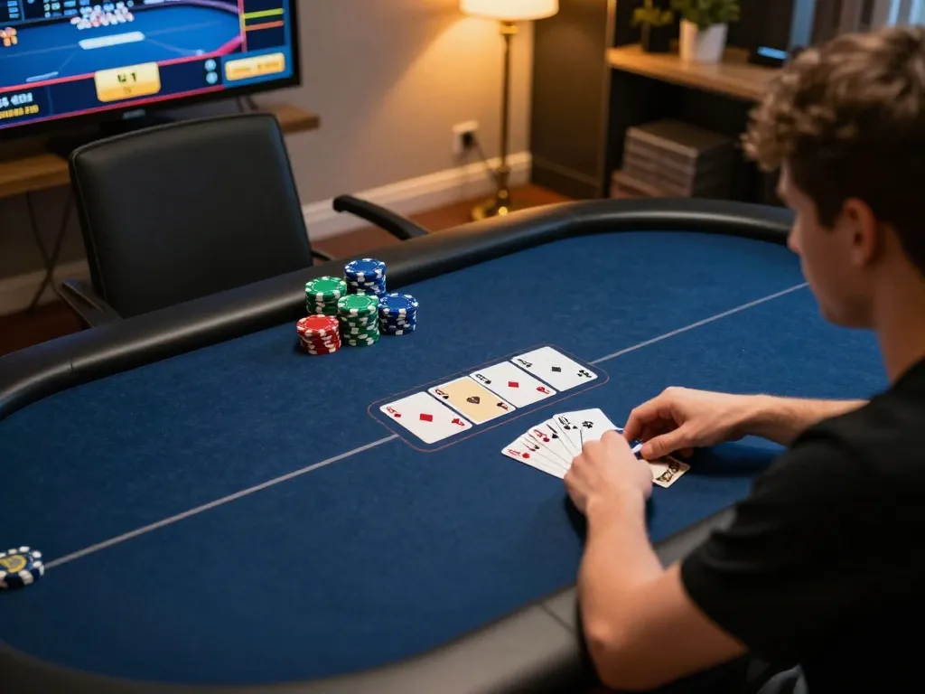 Engaging poker game on KEONG178 platform with player interacting on digital interface.