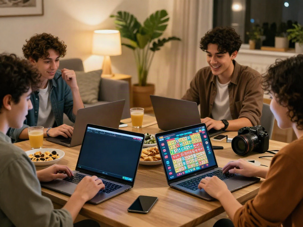 Friends enjoying unsurtoto online lottery in a cozy living room.