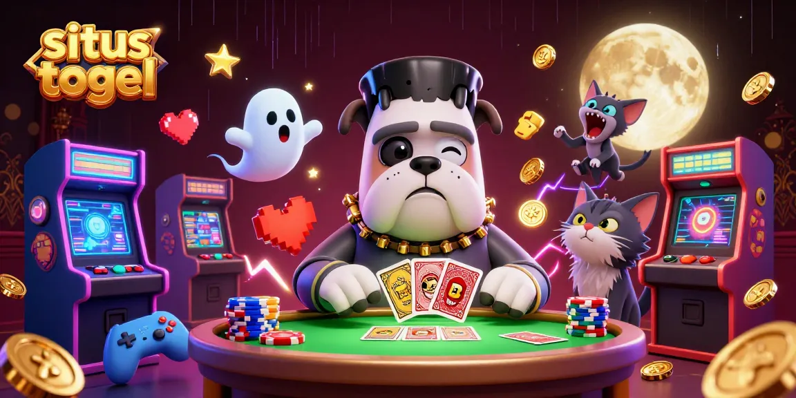 Situs togel gaming scene with cartoon monsters dealing cards amid neon casino elements.
