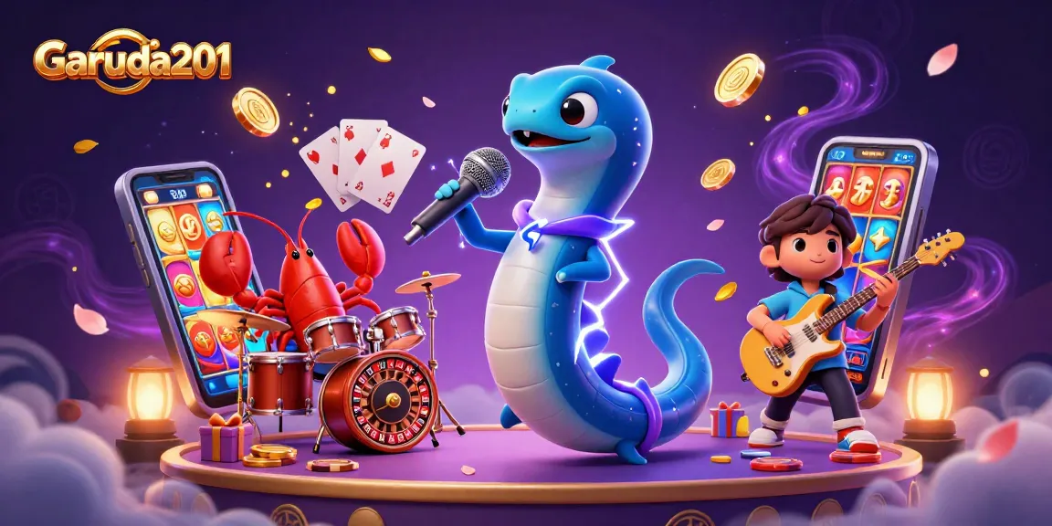 Garuda201 showcases vibrant underwater casino scene with a DJ electric eel and colorful slot games.