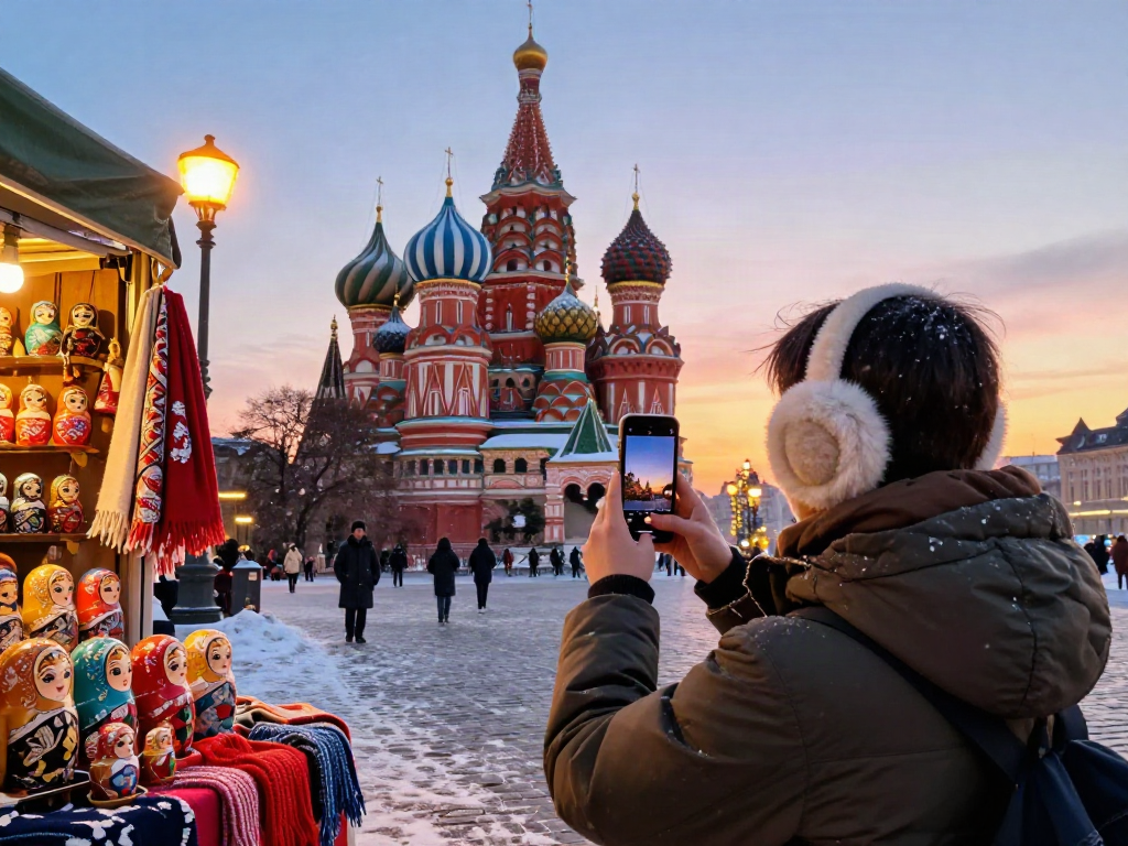 Pemandangan wisatawan di https://payinrussia.com/ di Lapangan Merah, Moskow, saat matahari terbenam dengan latar belakang Katedral Saint Basil.
