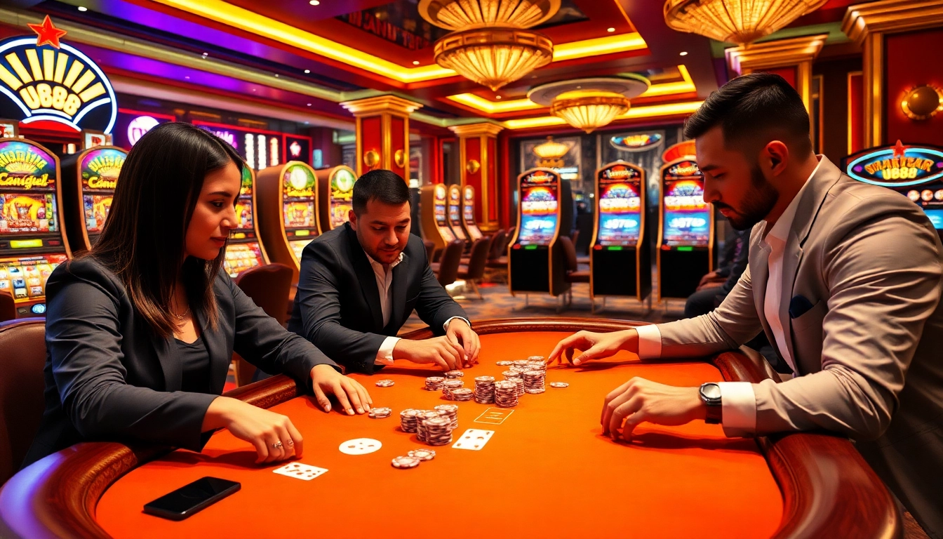 Players enjoying an intense poker game at U888's luxurious casino table.