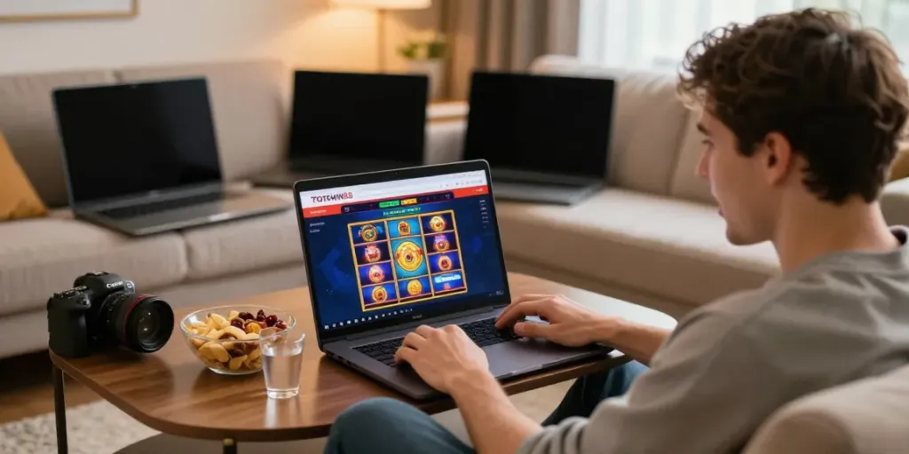 Pengguna terlibat dengan TOTOWIN88 di ruang tamu nyaman, menikmati permainan slot online.
