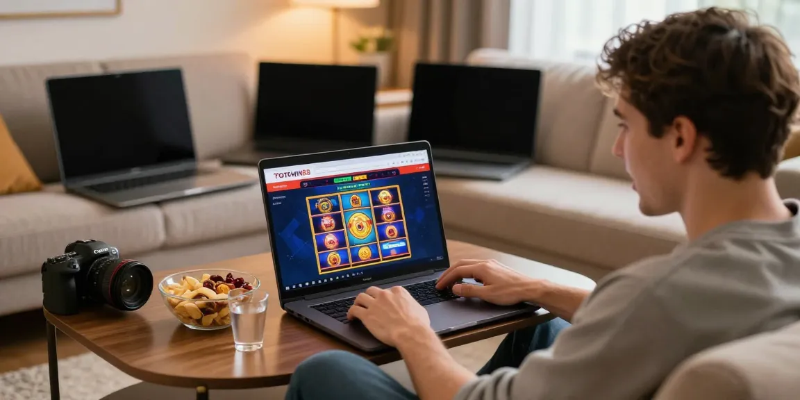Pengguna terlibat dengan TOTOWIN88 di ruang tamu nyaman, menikmati permainan slot online.