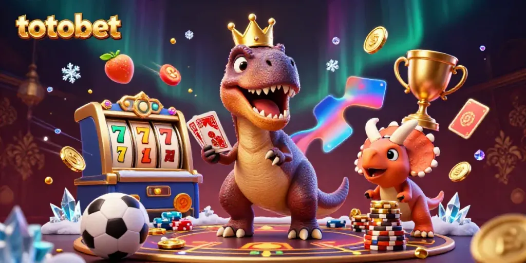 Mencoba keberuntungan di TOTOBET dengan T-Rex bermain kartu dan triceratops menumpuk chip emas.