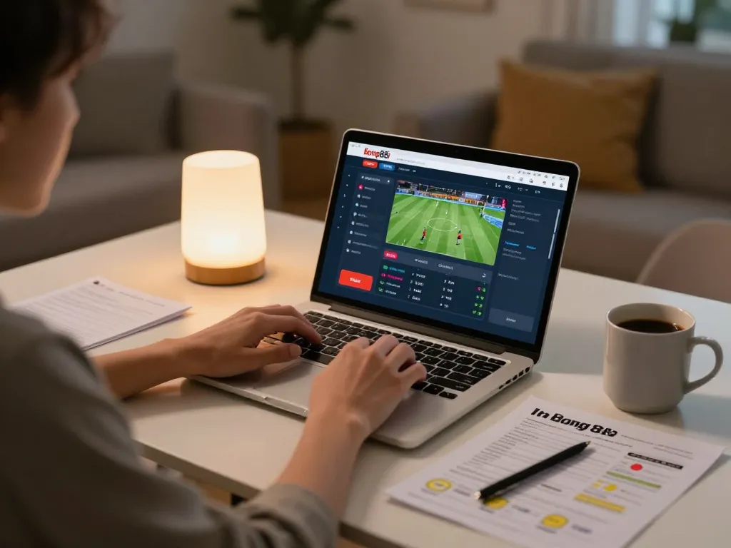 Engaged user placing bets on bong88i sports betting app in a cozy home setting.