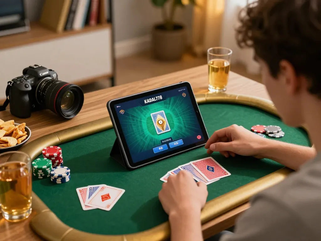 KADAL778 player engaging in an online poker game while enjoying snacks and drinks, showcasing strategic gameplay.