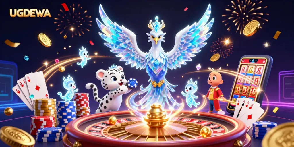 Engage players with UGDEWA's thrilling online slots adventure featuring a vibrant illustration.