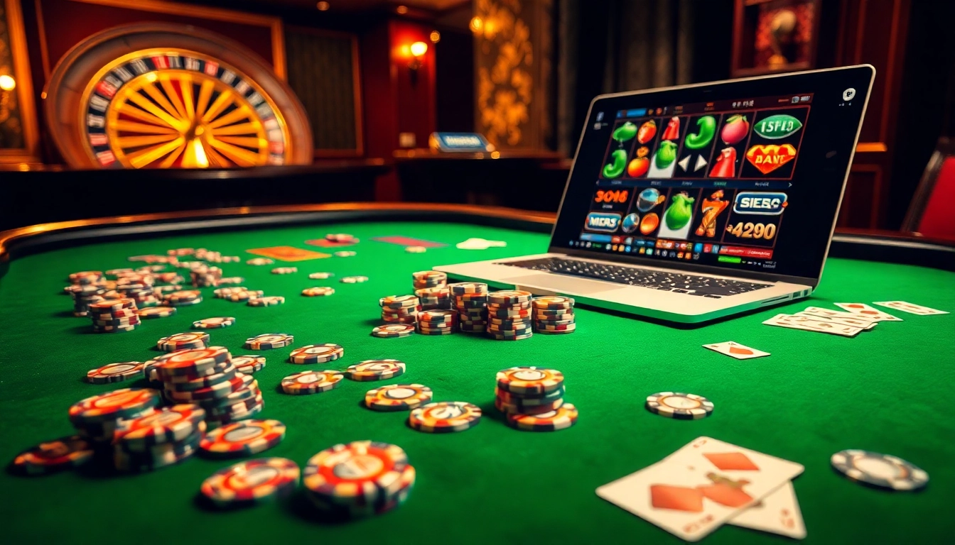 NAGA1001 showcases a luxurious casino table filled with poker chips and illuminated betting games.