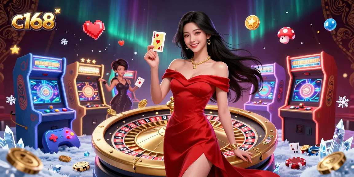 Engage with c168 gaming excitement featuring a stunning young Asian woman with a golden playing card beside a roulette wheel.