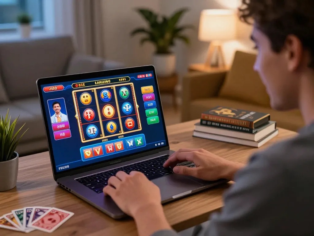 UGDEWA player celebrates a big win while engaging with online slots in a cozy home setup.