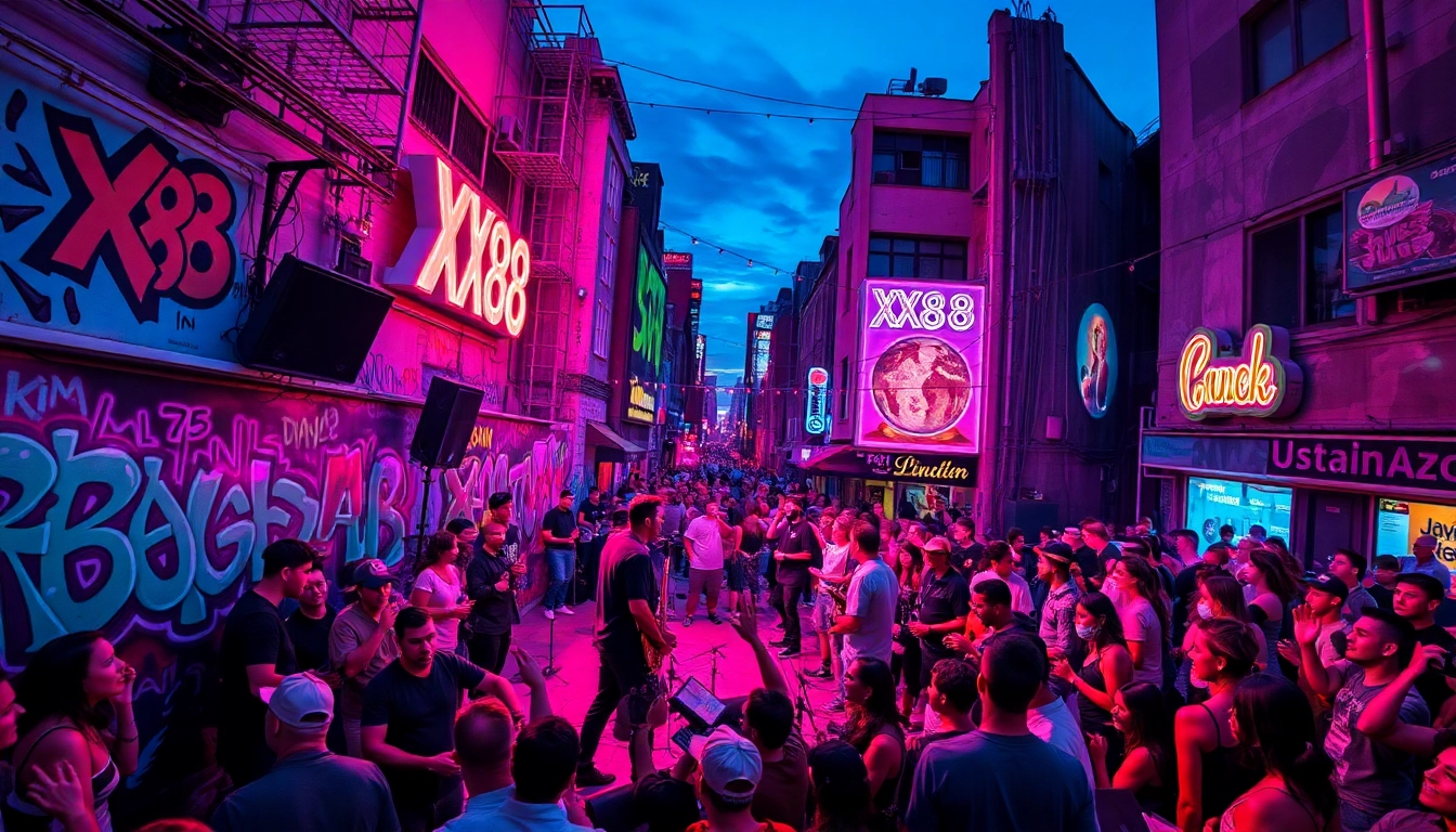Dynamic urban performance scene representing XX88 music genre with neon lights and enthusiastic crowd.