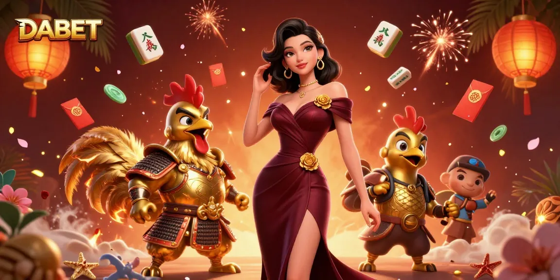 DABET promotes dynamic gambling excitement with a glamorous woman and a golden rooster warrior in a vibrant casino scene.