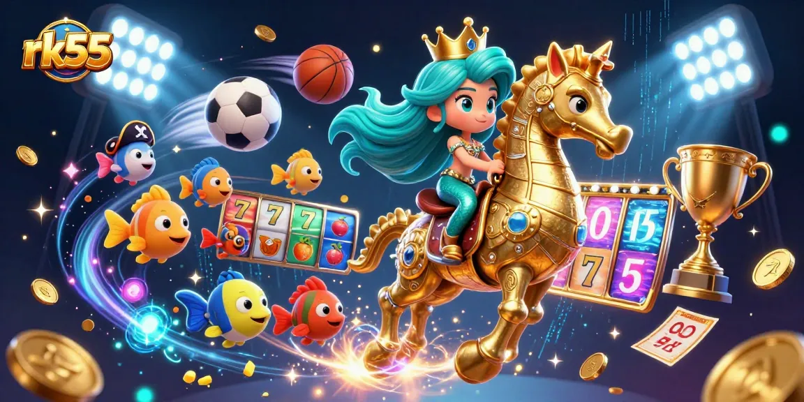 Engage with rk55 in this vivid 3D cartoon scene showcasing immersive slot games and dynamic sports betting action.