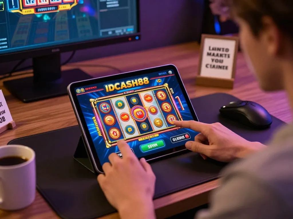 IDCASH88 player excitedly spinning slots on a tablet in a cozy home gaming environment