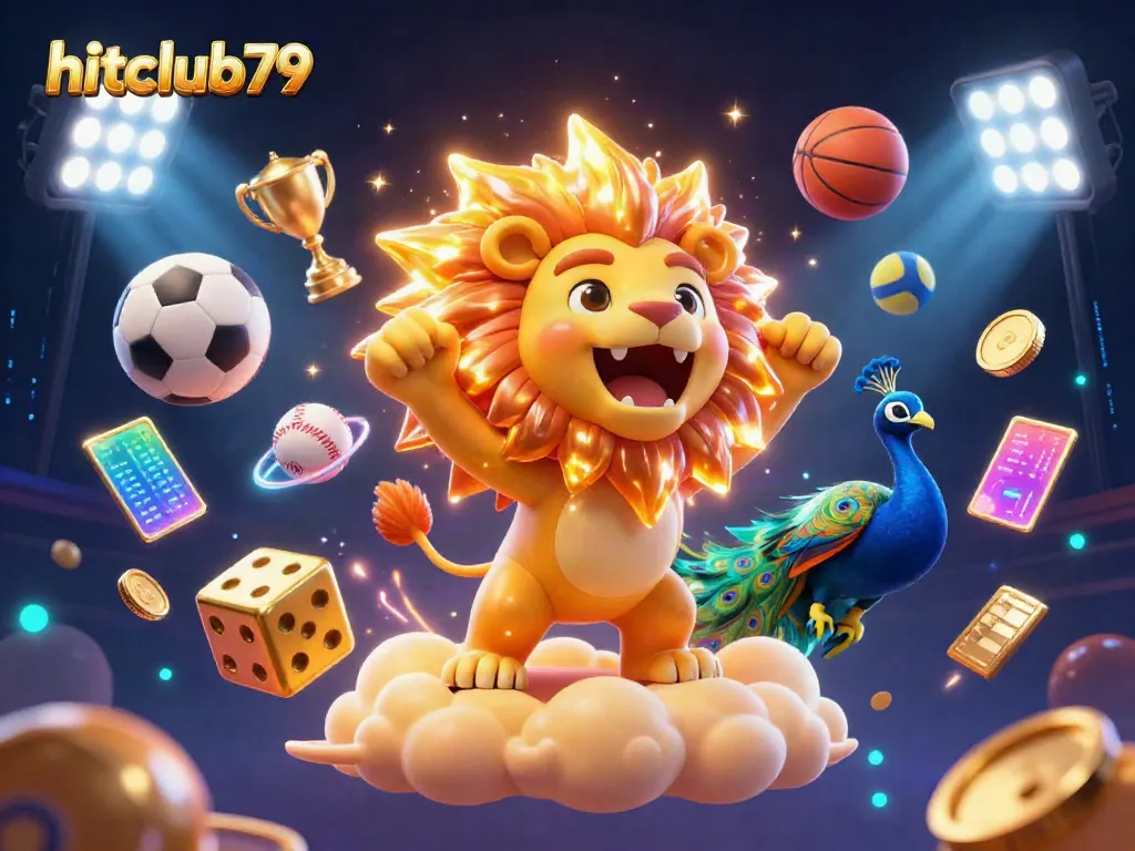 Experience the thrilling adventures at hitclub79 with a dynamic 3D scene featuring a roaring lion and vibrant casino elements.