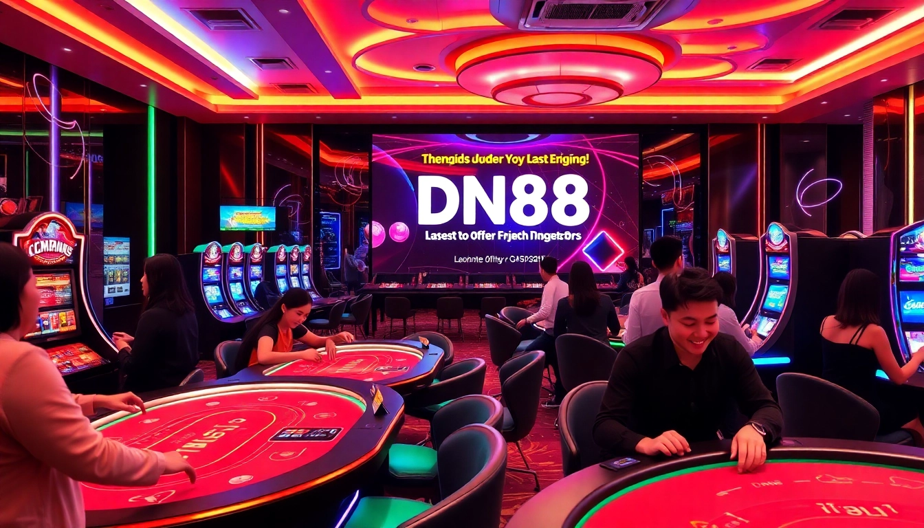 Experience the excitement of DN88's vibrant gaming lounge, showcasing diverse players and modern casino games.