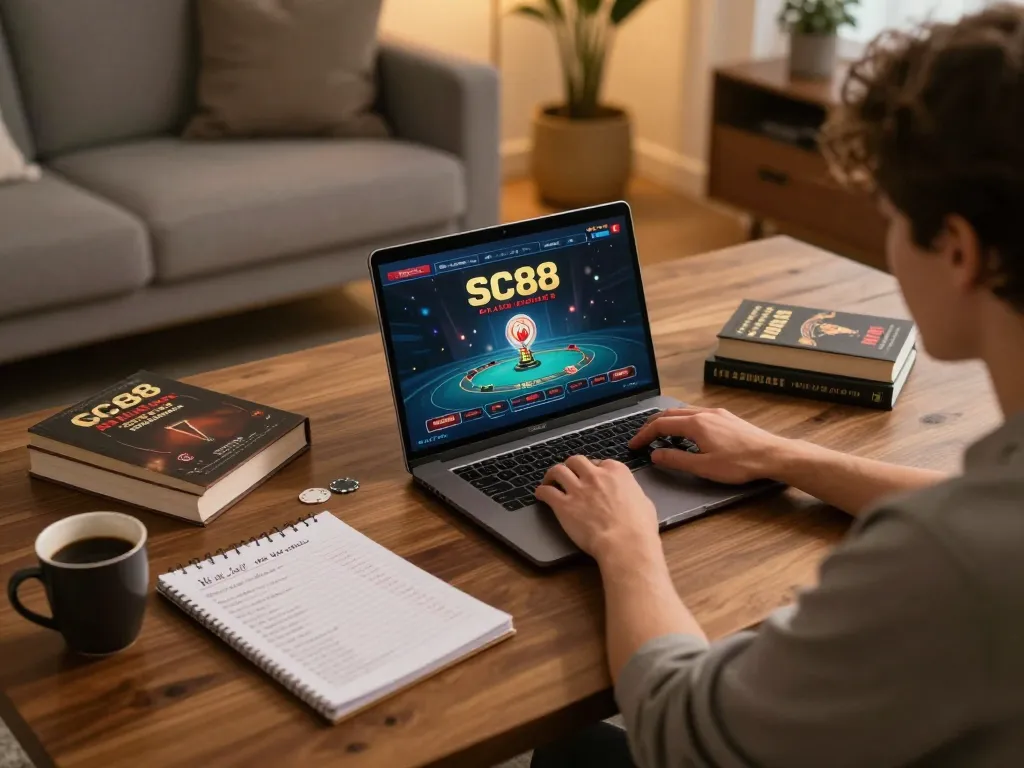 SC88 player engaging in online poker strategy with notes and laptop in a cozy setting