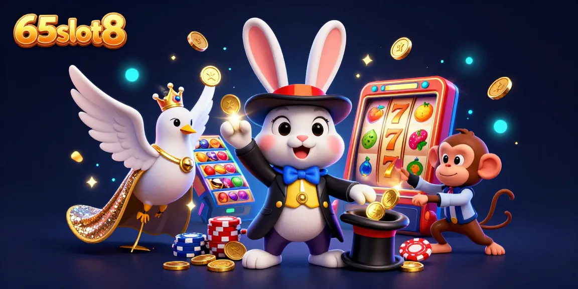 Play slots and win big with 65slot8's vibrant casino scene featuring magical characters.