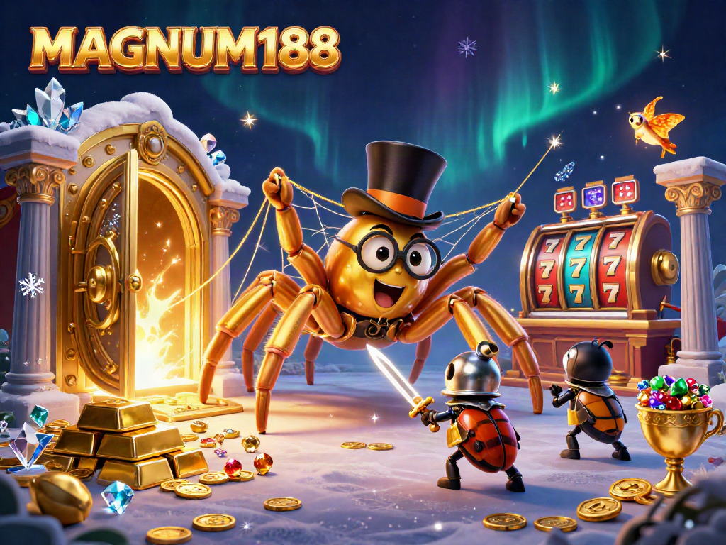Experience MAGNUM188's exciting slot action illustrated with a golden tarantula and beetle knight.