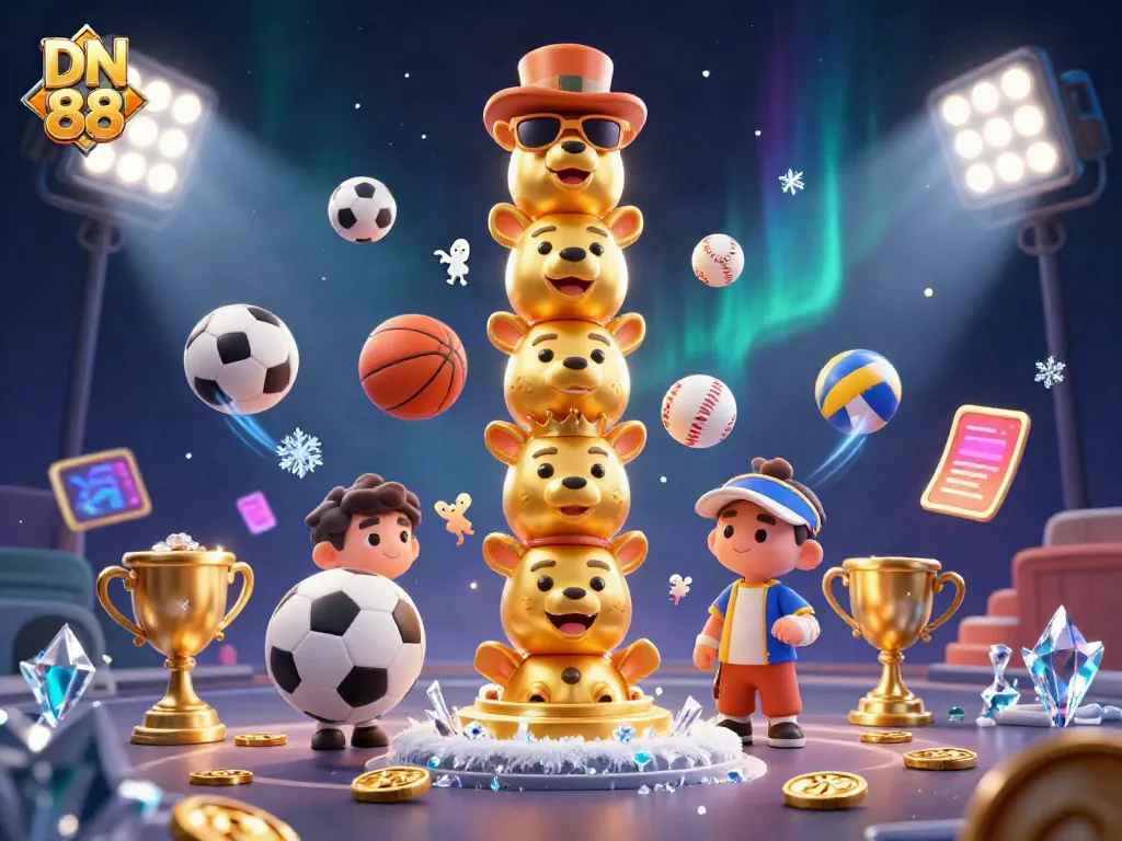 Dynamic scene of DN 88 showcasing a golden totem pole with casino accessories, enhanced with sports gambling elements and rich visuals.