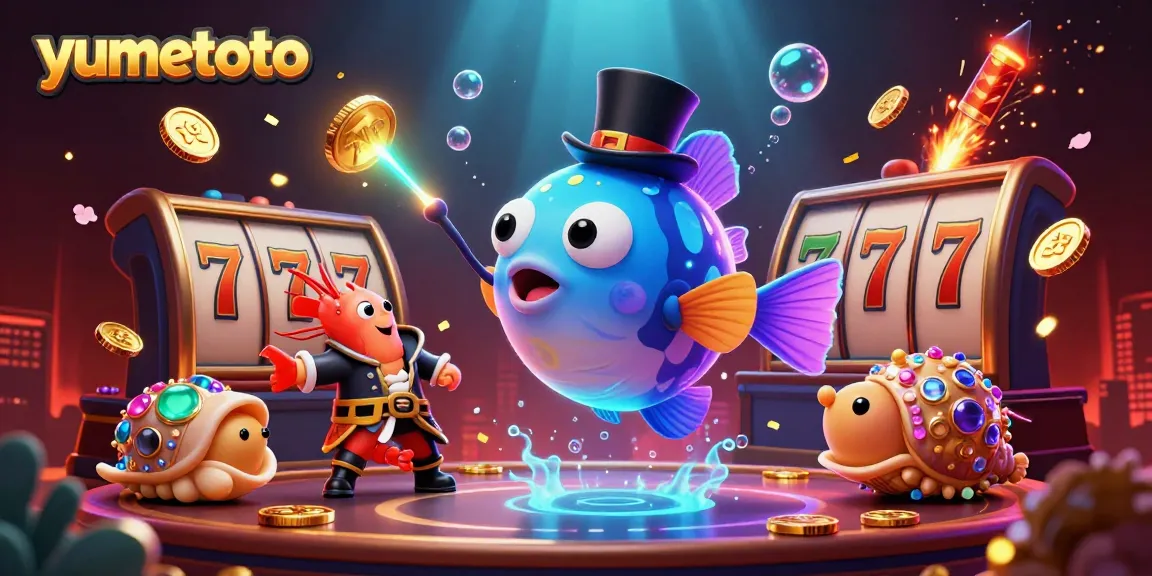 Experience thrilling wins with yumetoto's joyful anglerfish luring in golden coins in this vibrant casino illustration.