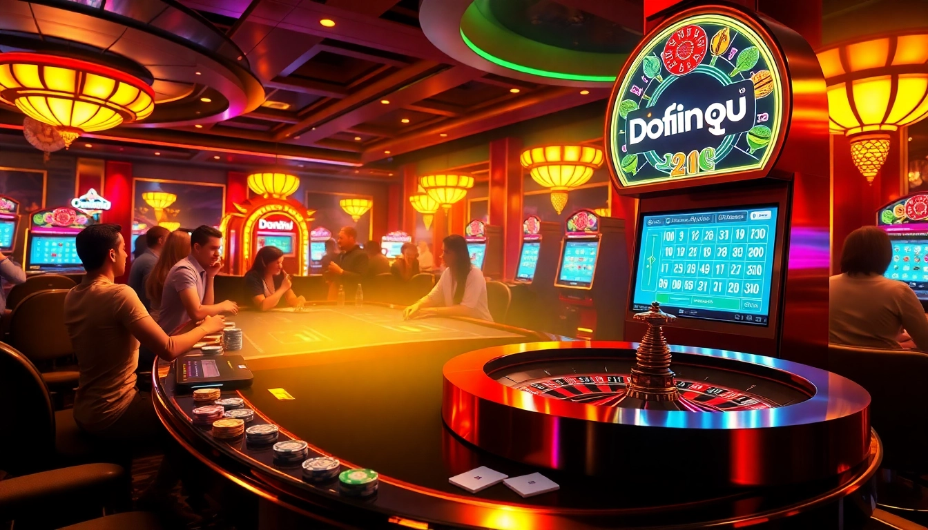 Experience the thrill at Dominoqiu with vibrant casino games, poker chips, and a dazzling slot machine.