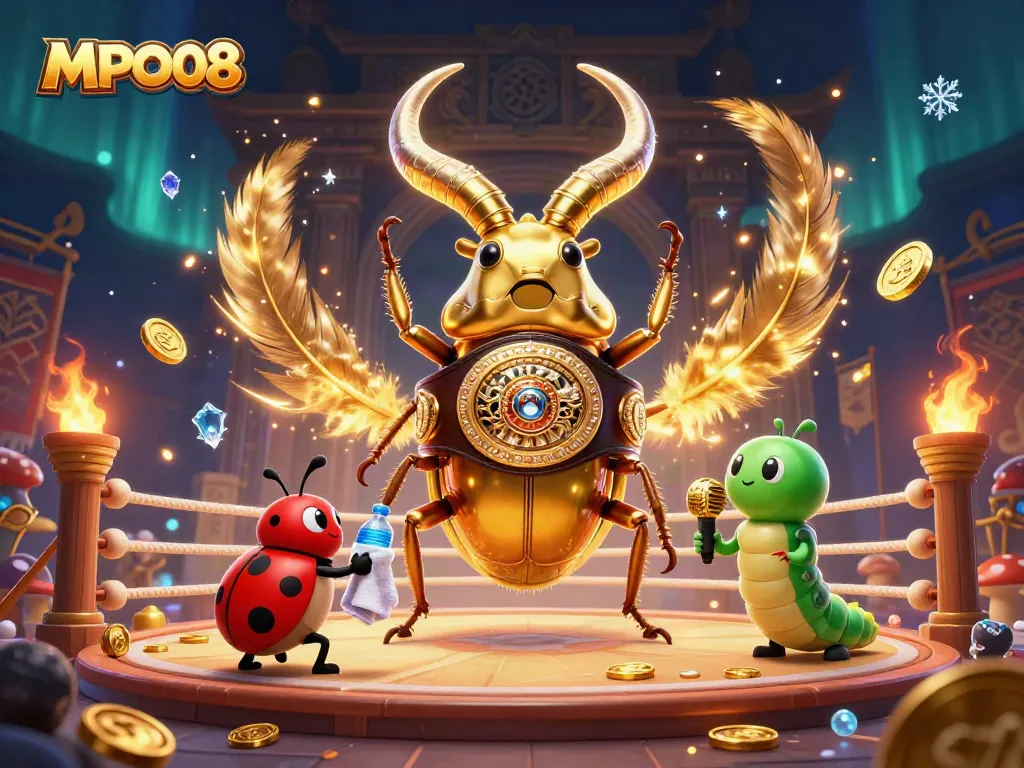 MPO08 players engage in dynamic action, featuring a giant beetle boxer and vibrant casino elements.